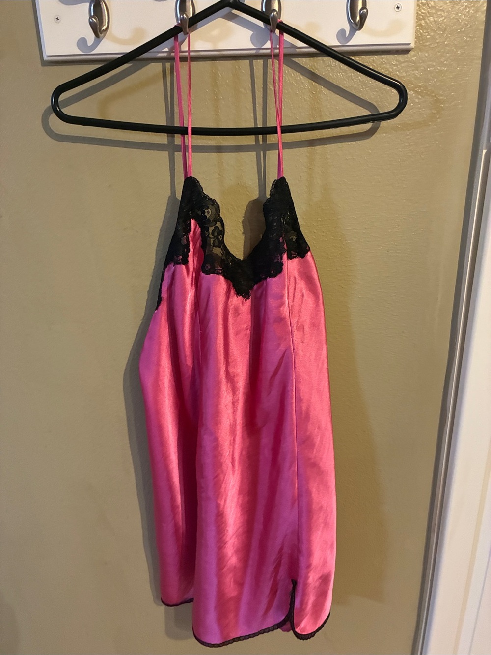 Secret Treasures Hot Pink Satin Chemise with Black Lace Trim